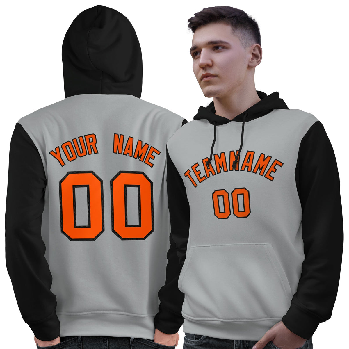 Custom Gray Orange-Black Raglan Sleeves Pullover Personalized Sweatshirt Hoodie| KXKSHOP
