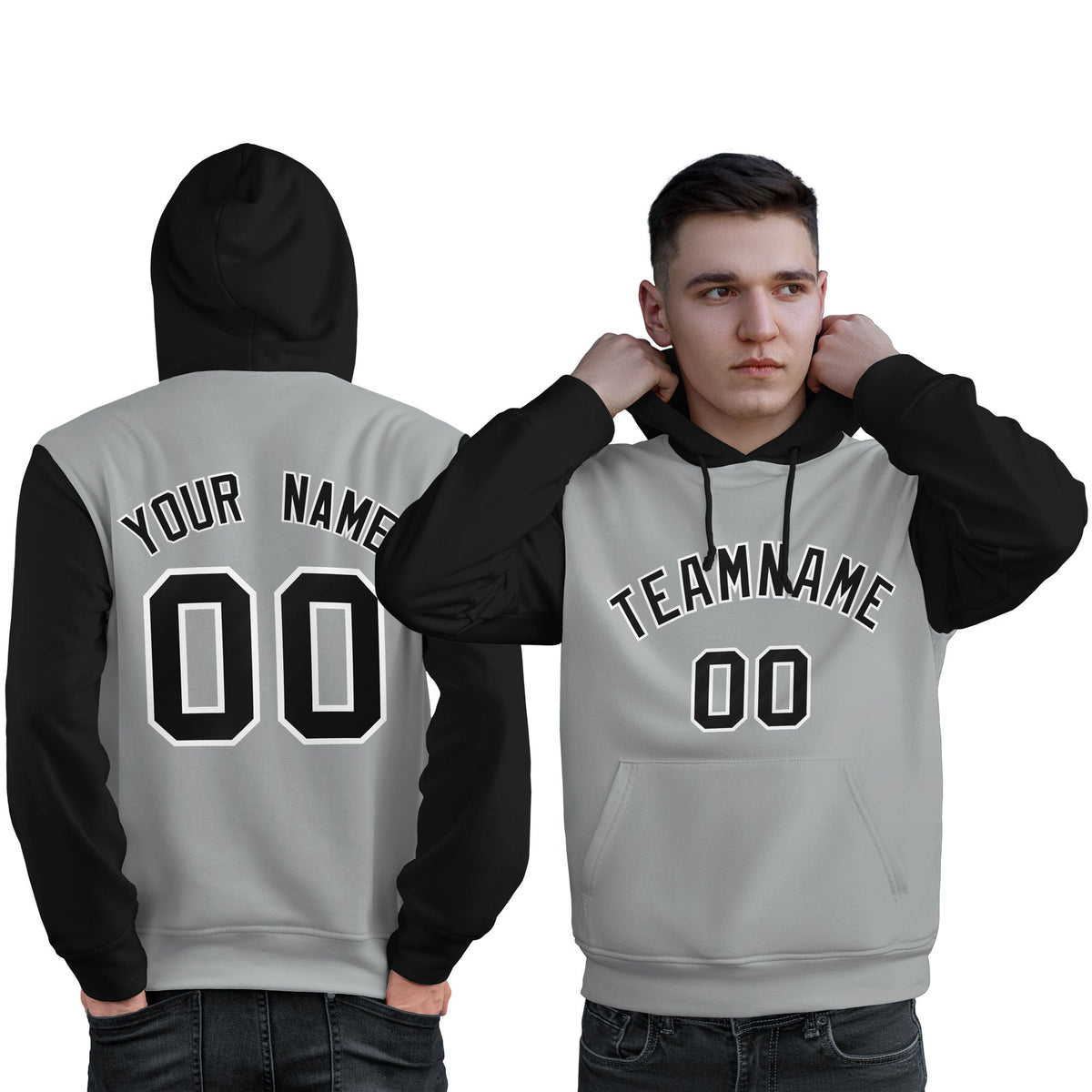 Custom Gray Black-White Raglan Sleeves Pullover Personalized Sweatshirt Hoodie| KXKSHOP