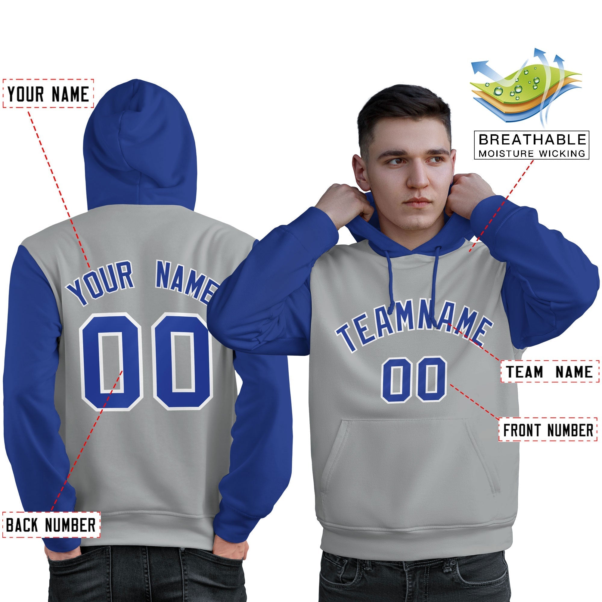 Custom Gray Royal-White Raglan Sleeves Pullover Personalized Sweatshirt Hoodie| KXKSHOP