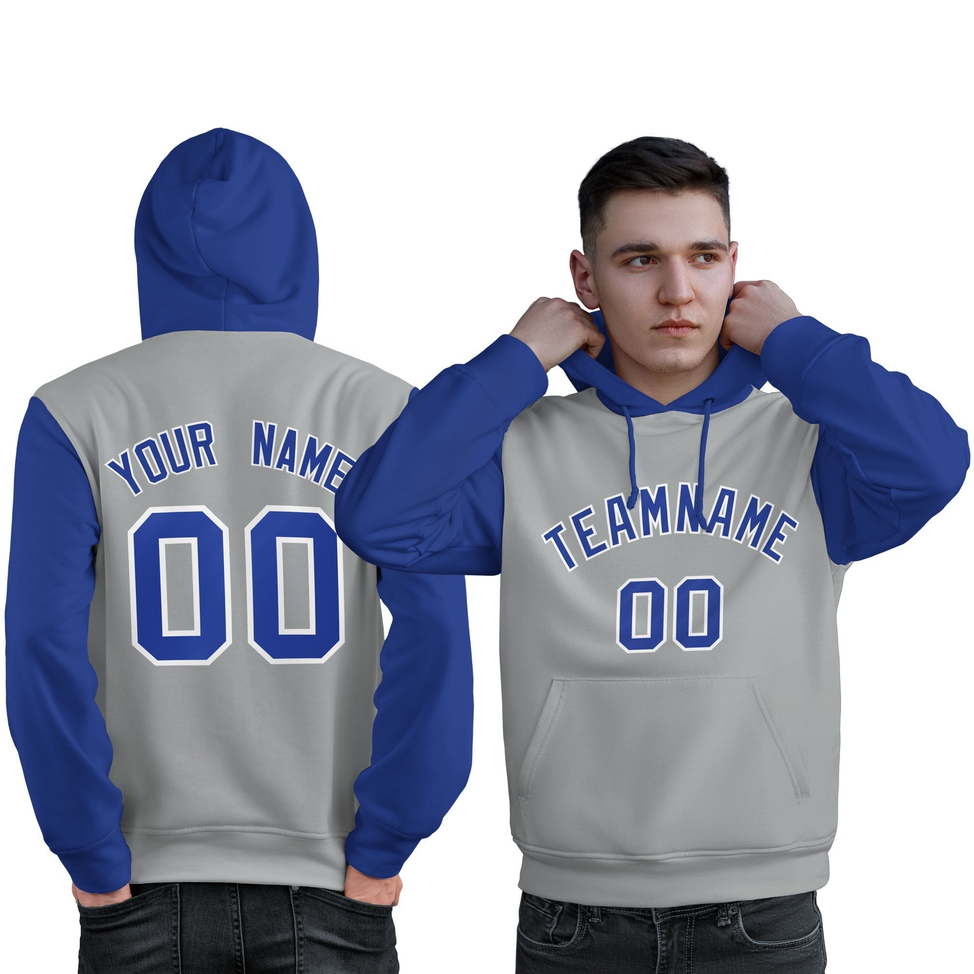 Custom Gray Royal-White Raglan Sleeves Pullover Personalized Sweatshirt Hoodie| KXKSHOP