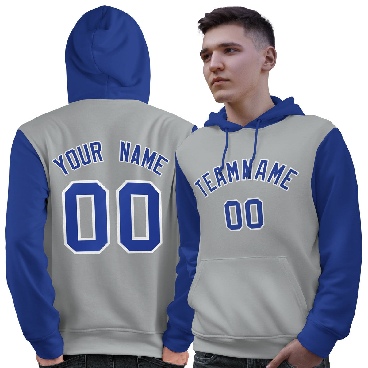 Custom Gray Royal-White Raglan Sleeves Pullover Personalized Sweatshirt Hoodie| KXKSHOP