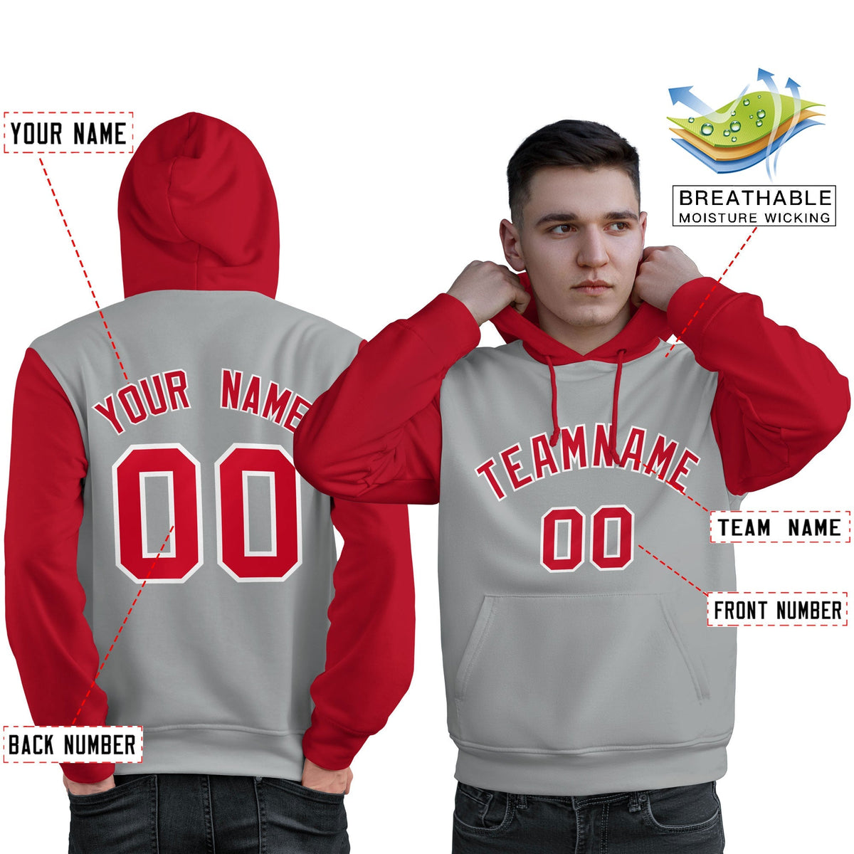 Custom Gray Red-White Raglan Sleeves Pullover Personalized Sweatshirt Hoodie| KXKSHOP