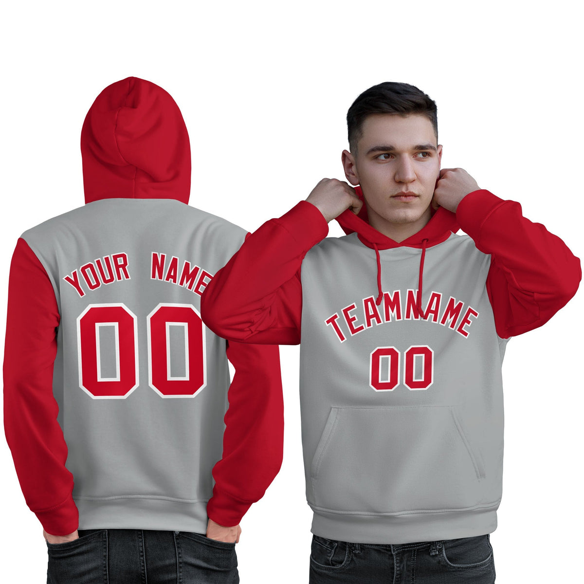 Custom Gray Red-White Raglan Sleeves Pullover Personalized Sweatshirt Hoodie| KXKSHOP