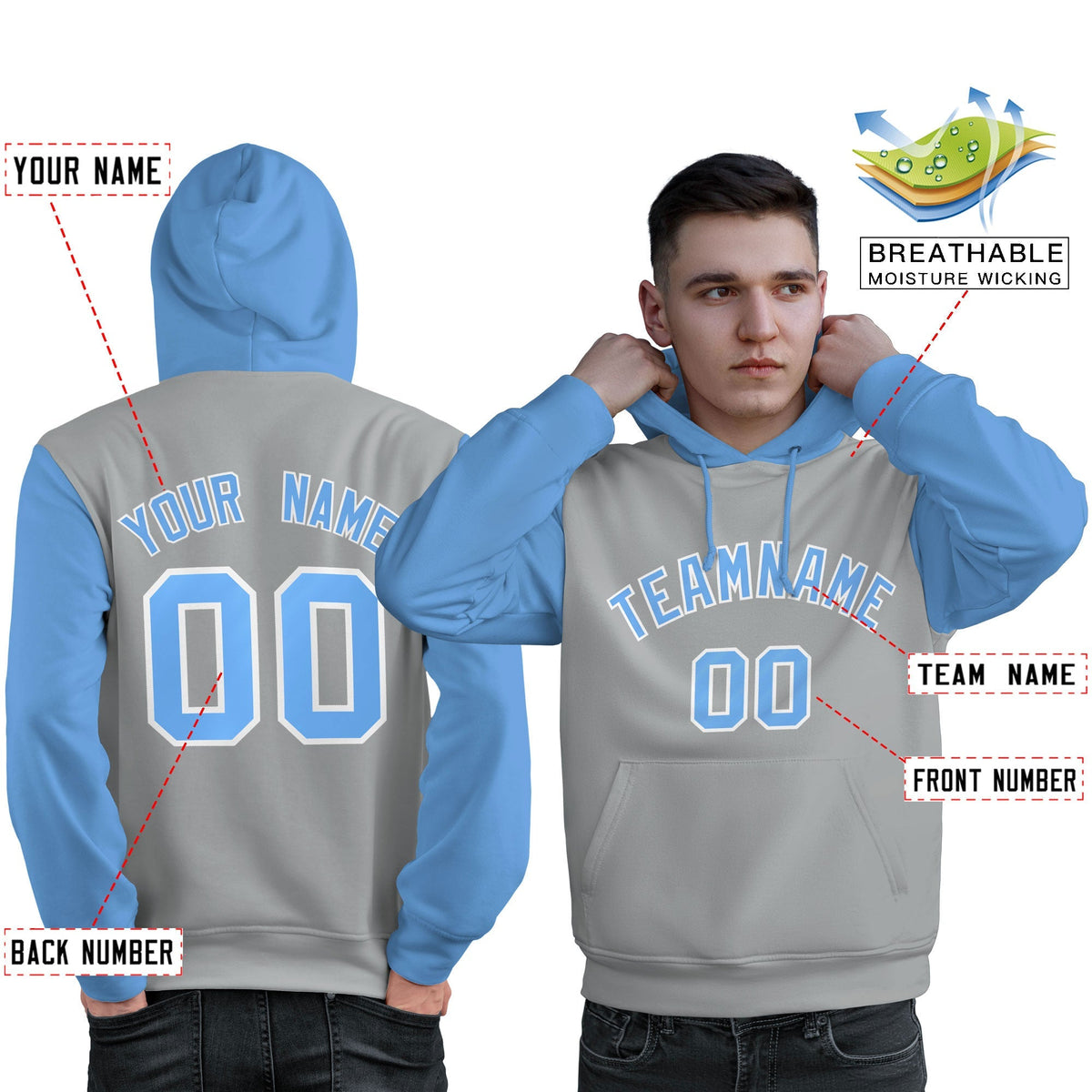 Custom Gray Light Blue-White Raglan Sleeves Pullover Personalized Sweatshirt Hoodie| KXKSHOP