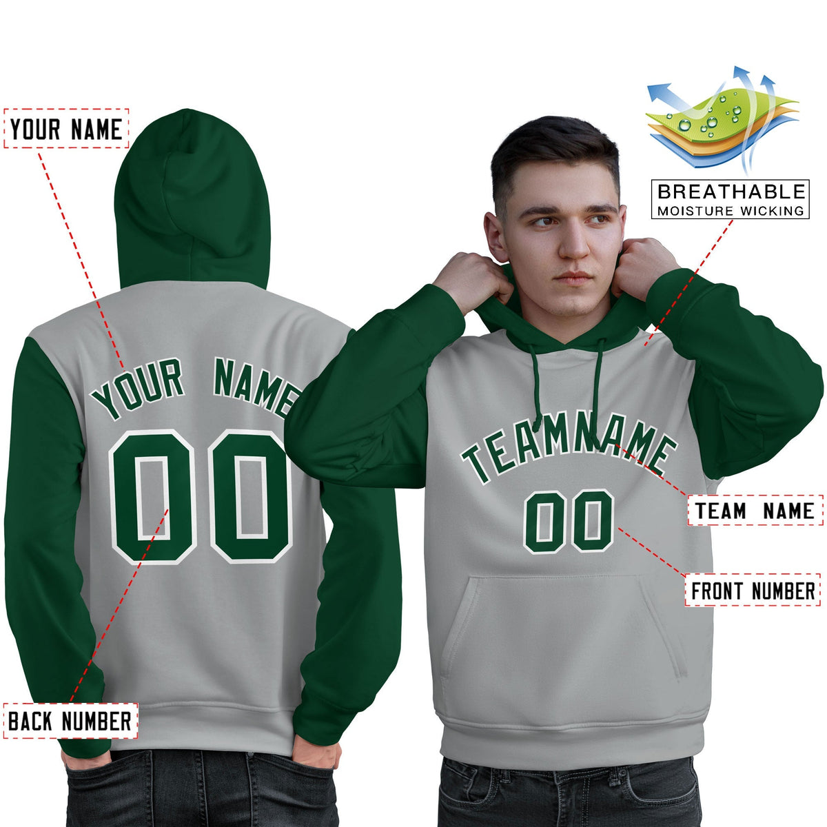 Custom Gray Green-White Raglan Sleeves Pullover Personalized Sweatshirt Hoodie| KXKSHOP