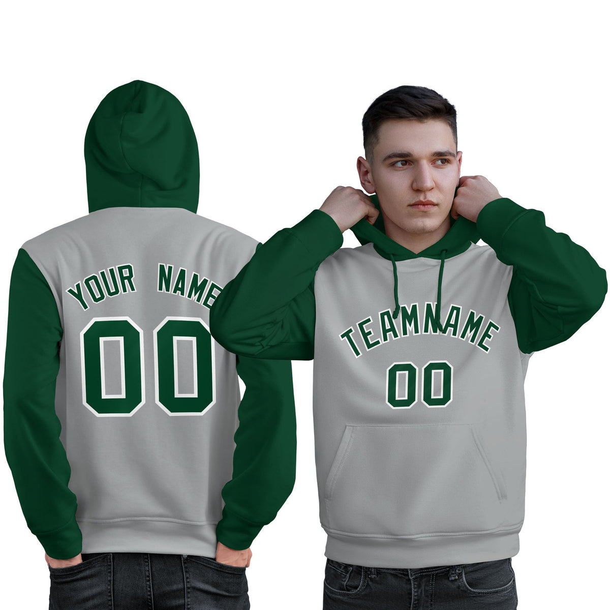 Custom Gray Green-White Raglan Sleeves Pullover Personalized Sweatshirt Hoodie| KXKSHOP