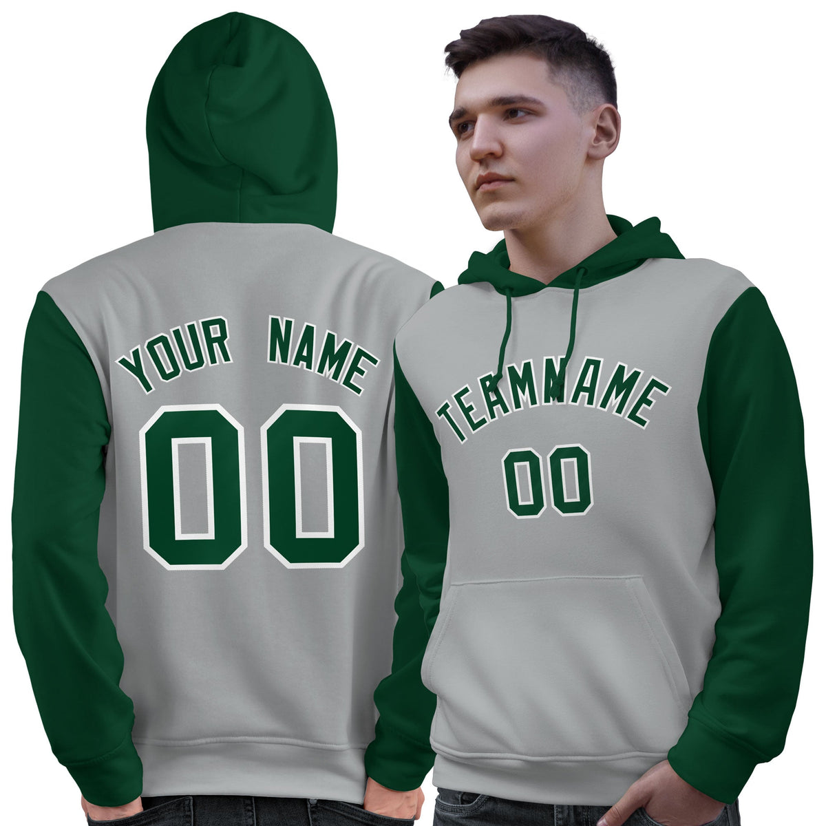 Custom Gray Green-White Raglan Sleeves Pullover Personalized Sweatshirt Hoodie| KXKSHOP