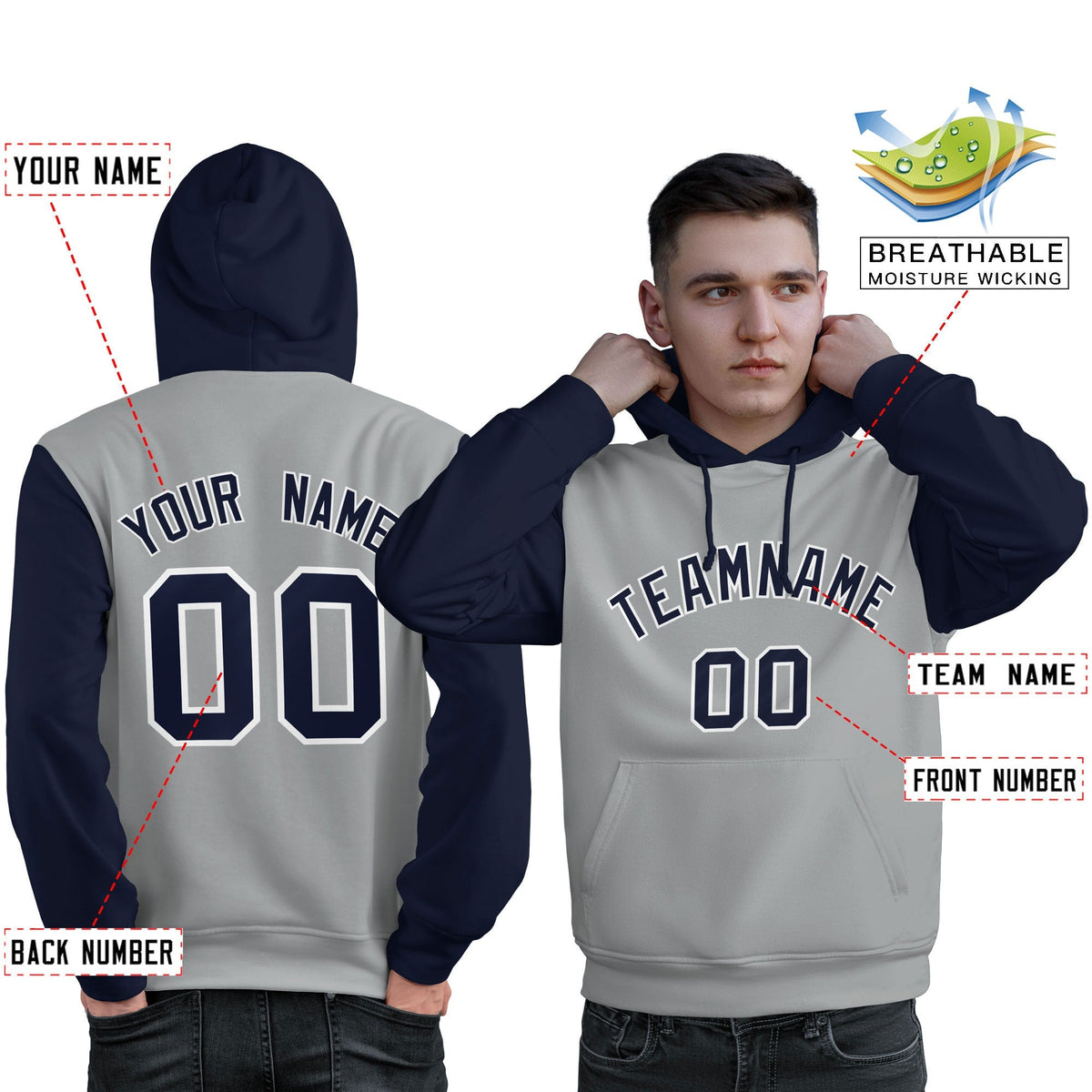 Custom Gray Navy-White Raglan Sleeves Pullover Personalized Sweatshirt Hoodie| KXKSHOP