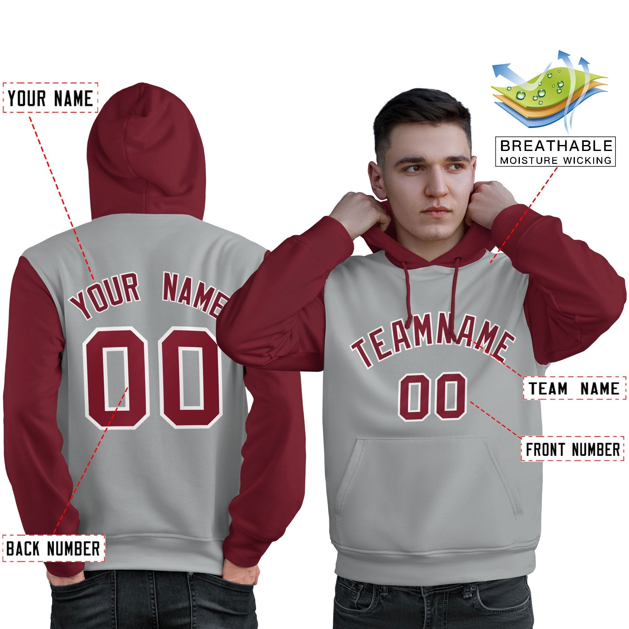 Custom Gray Crimson-White Raglan Sleeves Pullover Personalized Sweatshirt Hoodie| KXKSHOP