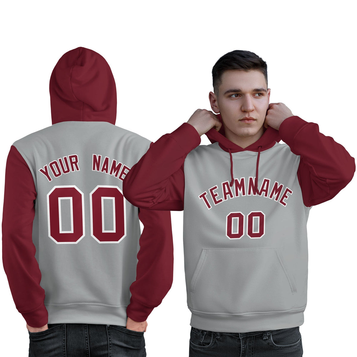Custom Gray Crimson-White Raglan Sleeves Pullover Personalized Sweatshirt Hoodie| KXKSHOP