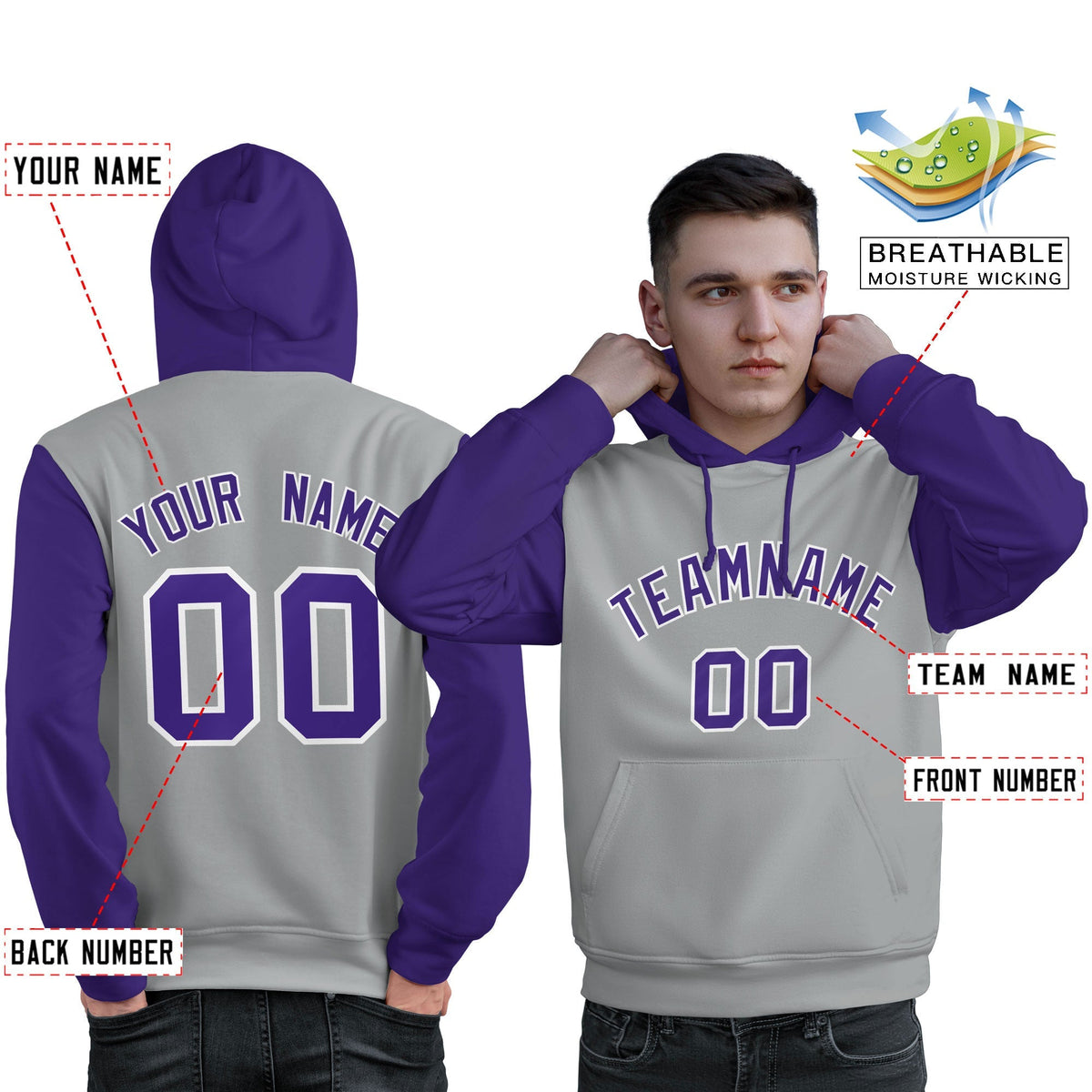 Custom Gray Purple-White Raglan Sleeves Pullover Personalized Sweatshirt Hoodie| KXKSHOP