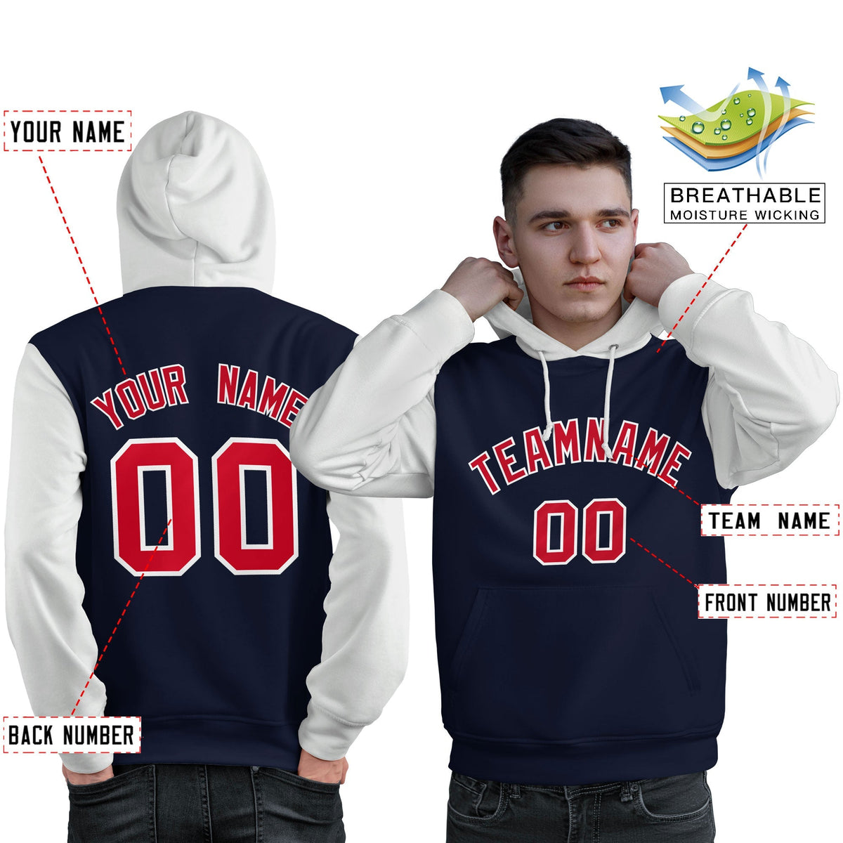 Custom Navy Red-White Raglan Sleeves Pullover Personalized Sweatshirt Hoodie| KXKSHOP