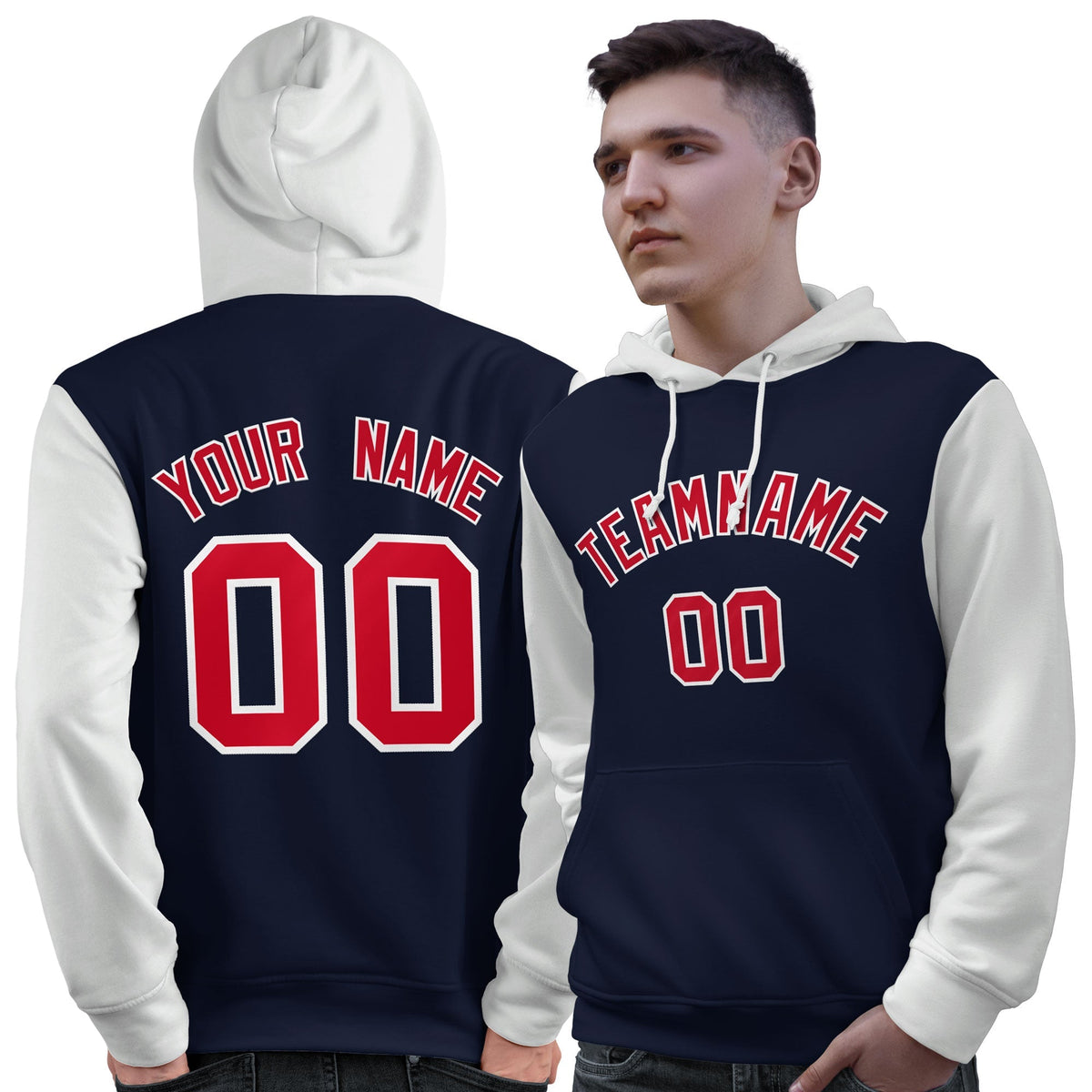 Custom Navy Red-White Raglan Sleeves Pullover Personalized Sweatshirt Hoodie| KXKSHOP