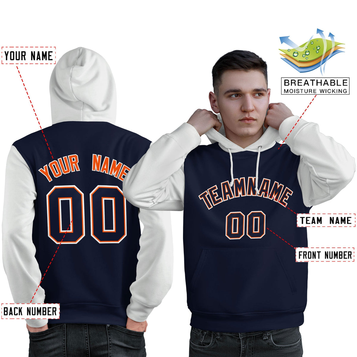 Custom Navy Orange-White Raglan Sleeves Pullover Personalized Sweatshirt Hoodie| KXKSHOP