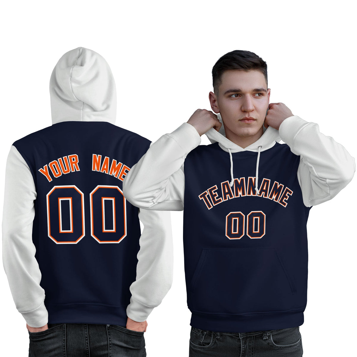 Custom Navy Orange-White Raglan Sleeves Pullover Personalized Sweatshirt Hoodie| KXKSHOP