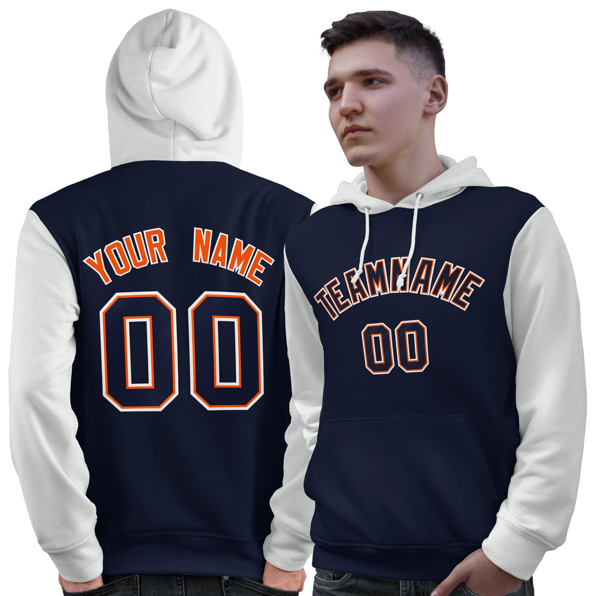 Custom Navy Orange-White Raglan Sleeves Pullover Personalized Sweatshirt Hoodie| KXKSHOP