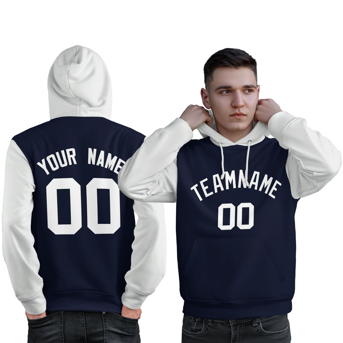 Custom Navy White Raglan Sleeves Pullover Personalized Sweatshirt Hoodie| KXKSHOP