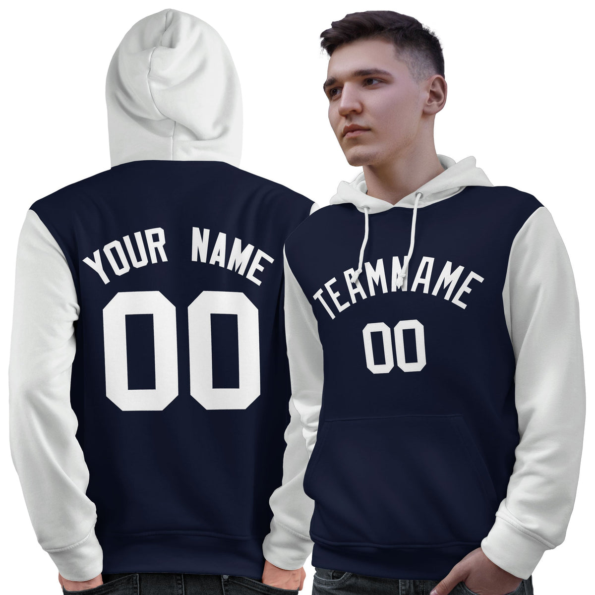 Custom Navy White Raglan Sleeves Pullover Personalized Sweatshirt Hoodie| KXKSHOP