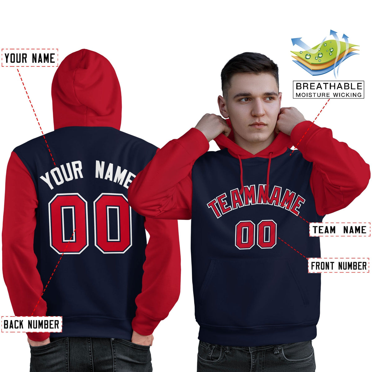 Custom Navy Red-White Raglan Sleeves Pullover Personalized Sweatshirt Hoodie| KXKSHOP