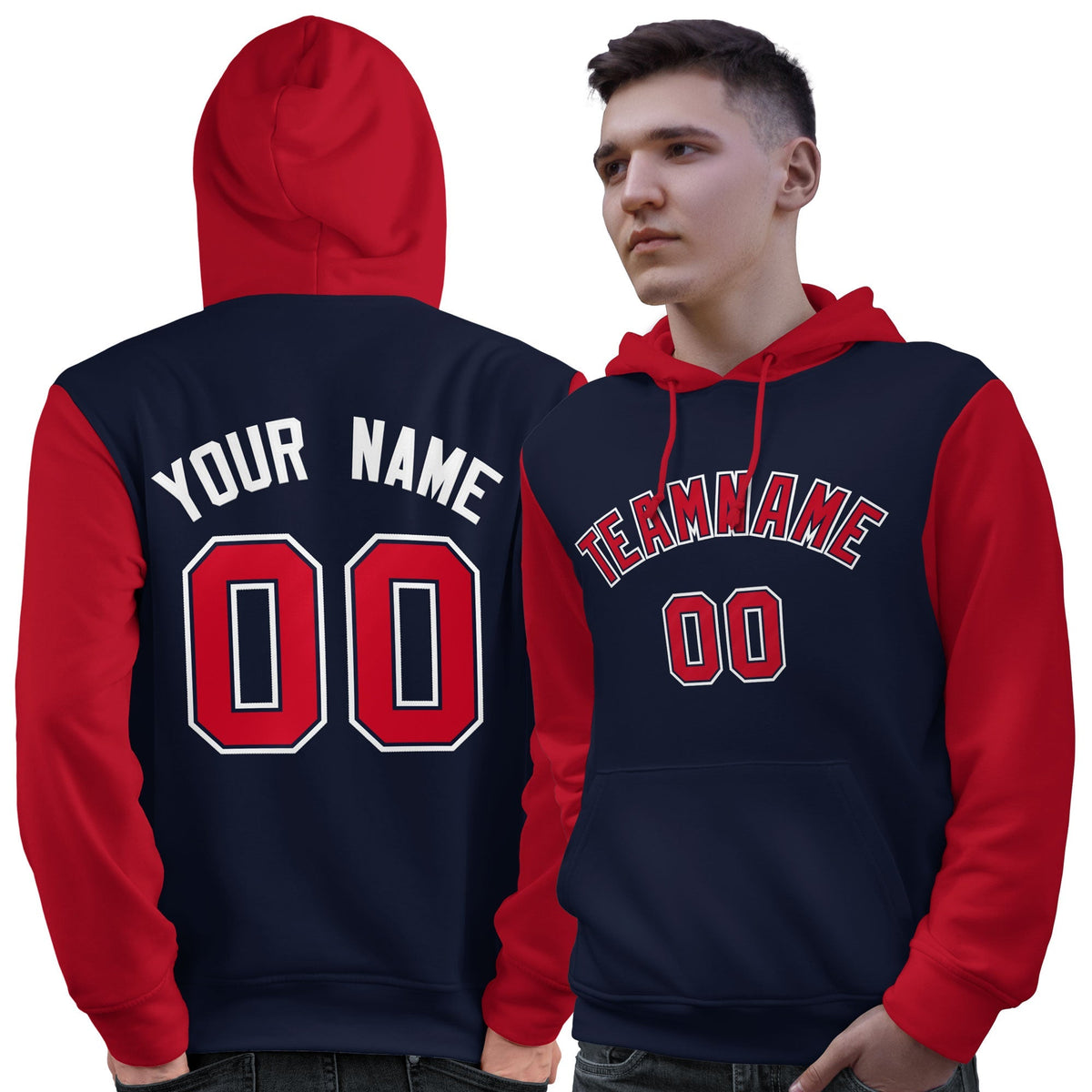 Custom Navy Red-White Raglan Sleeves Pullover Personalized Sweatshirt Hoodie| KXKSHOP