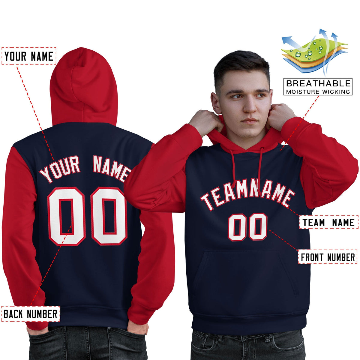 Custom Navy White-Red Raglan Sleeves Pullover Personalized Sweatshirt Hoodie| KXKSHOP