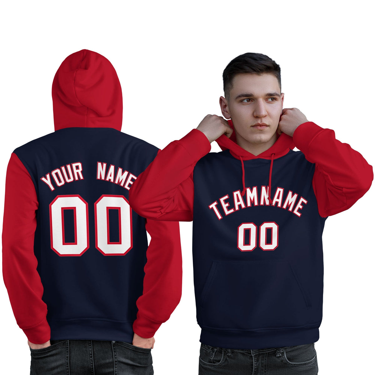 Custom Navy White-Red Raglan Sleeves Pullover Personalized Sweatshirt Hoodie| KXKSHOP