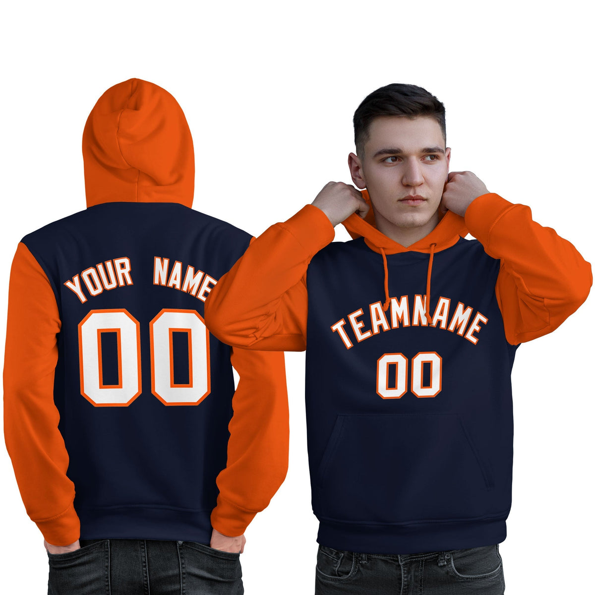 Custom Navy White-Orange Raglan Sleeves Pullover Personalized Sweatshirt Hoodie| KXKSHOP