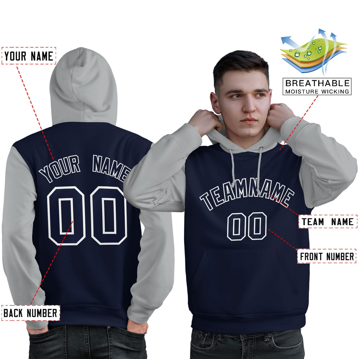 Custom Navy White-Gray Raglan Sleeves Pullover Personalized Sweatshirt Hoodie| KXKSHOP