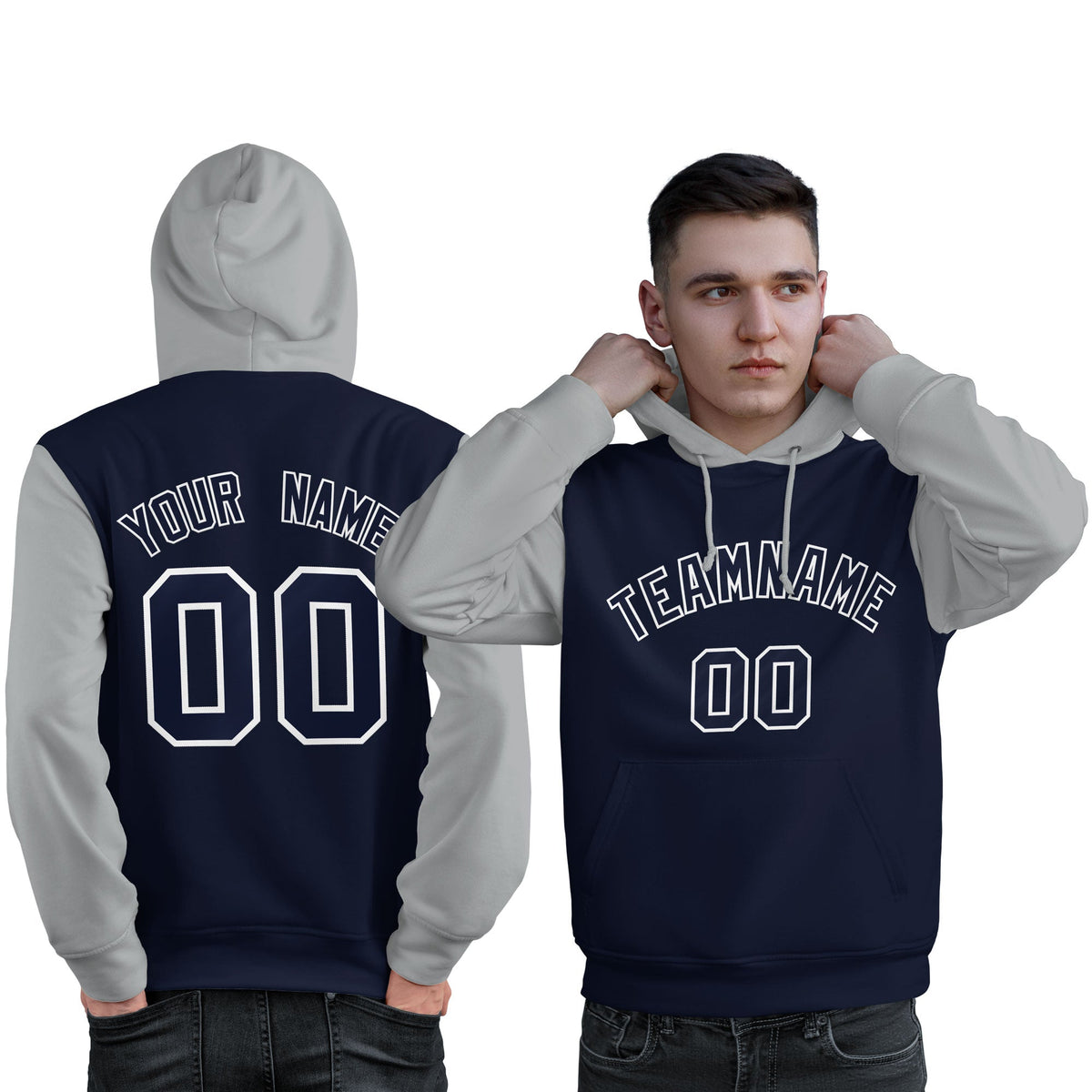 Custom Navy White-Gray Raglan Sleeves Pullover Personalized Sweatshirt Hoodie| KXKSHOP