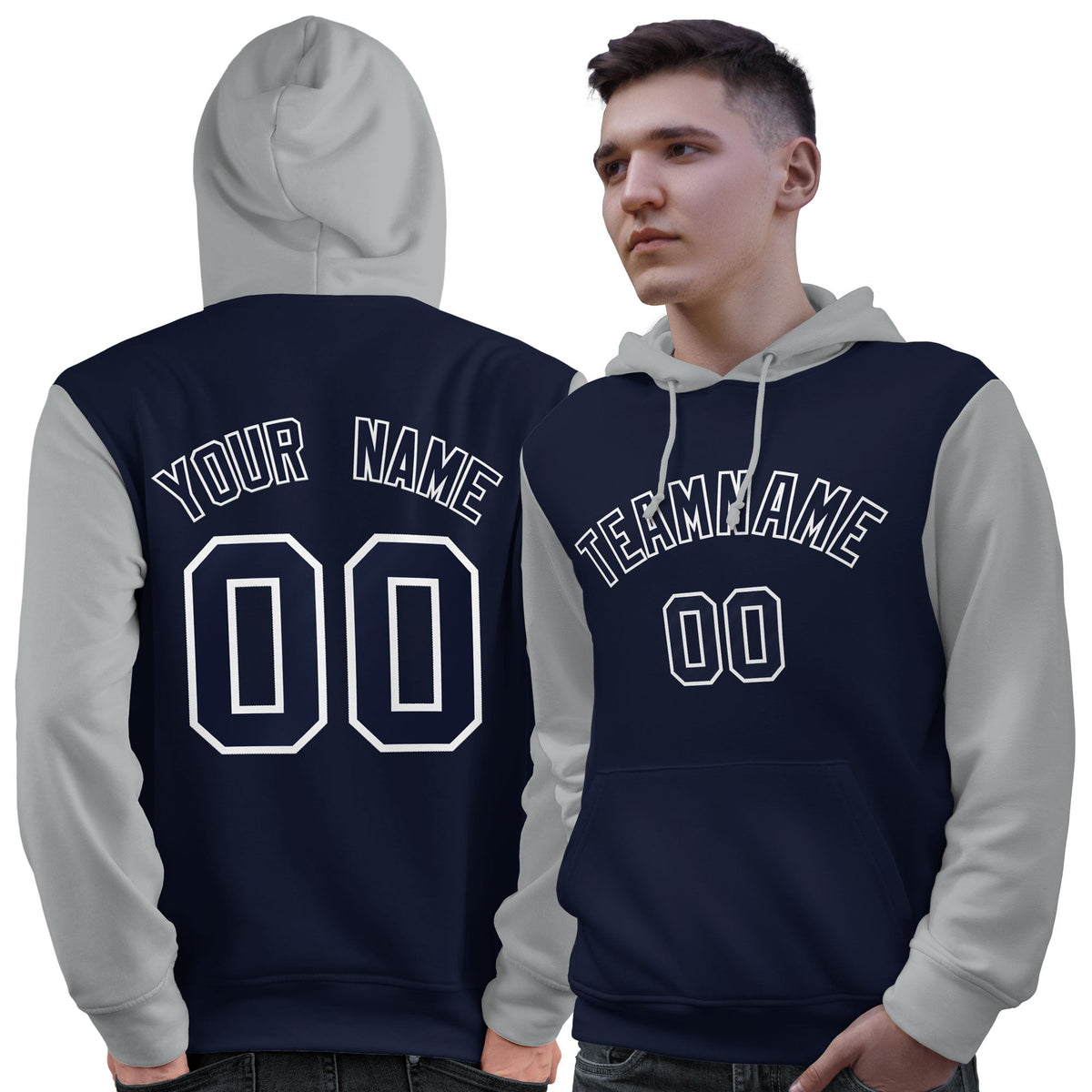 Custom Navy White-Gray Raglan Sleeves Pullover Personalized Sweatshirt Hoodie| KXKSHOP