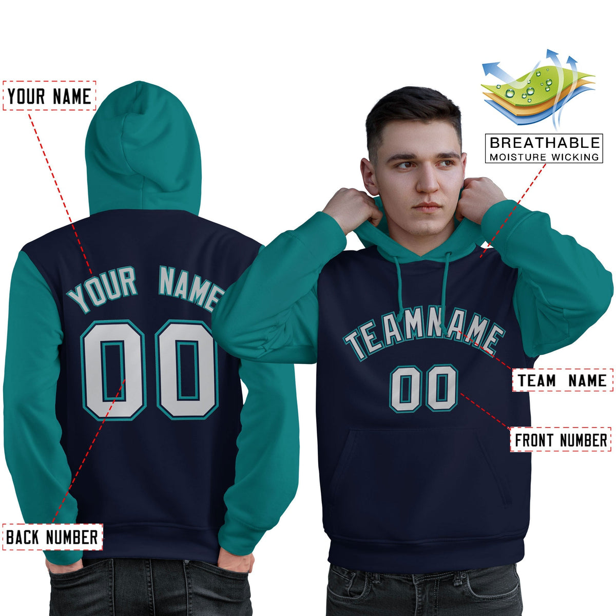 Custom Navy Gray-Aqua Raglan Sleeves Pullover Personalized Sweatshirt Hoodie| KXKSHOP