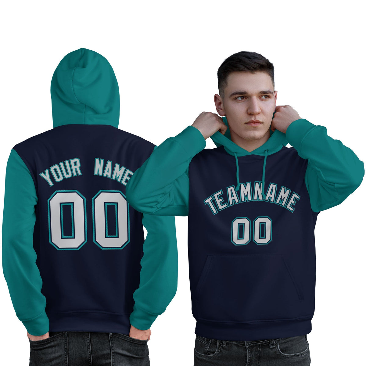Custom Navy Gray-Aqua Raglan Sleeves Pullover Personalized Sweatshirt Hoodie| KXKSHOP