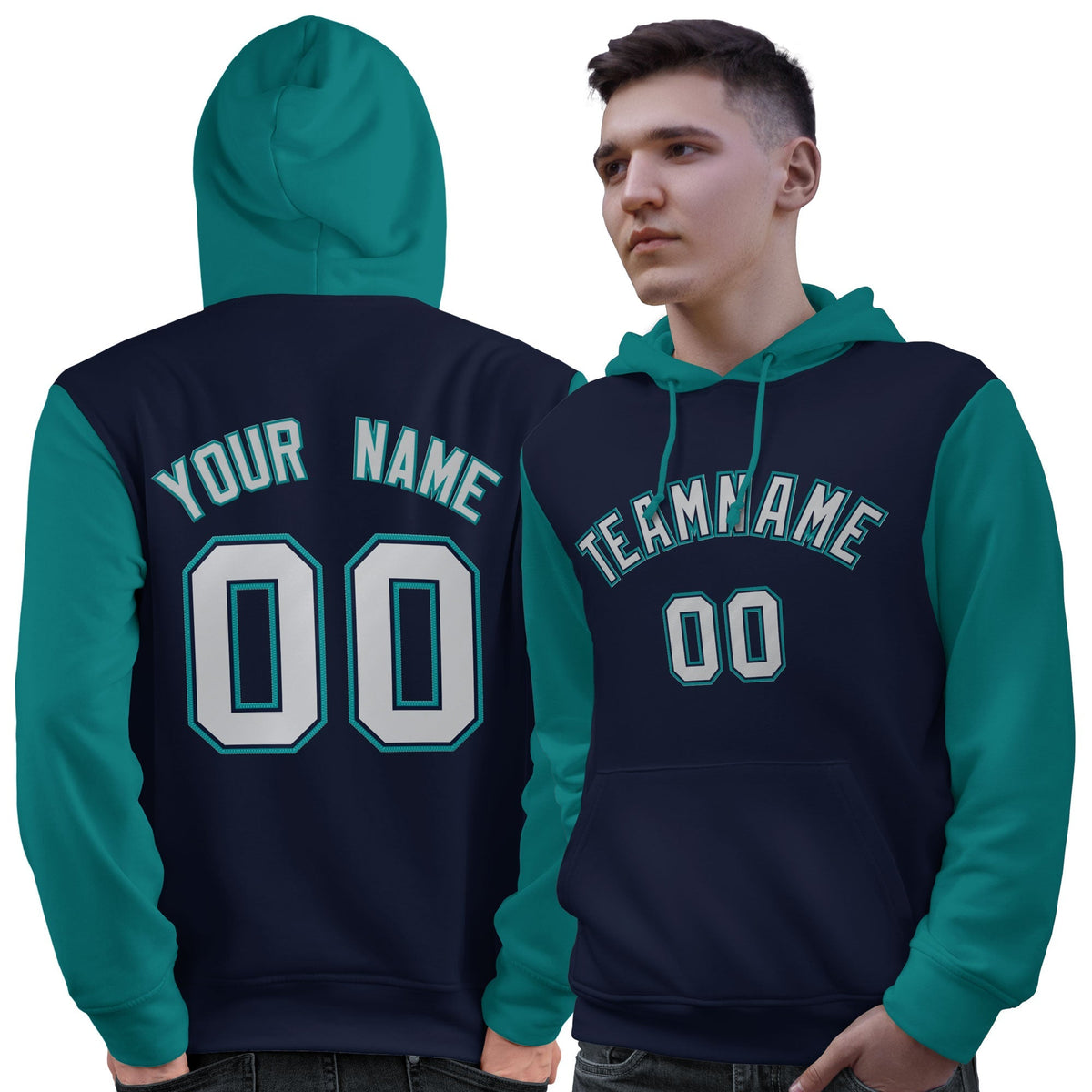 Custom Navy Gray-Aqua Raglan Sleeves Pullover Personalized Sweatshirt Hoodie| KXKSHOP