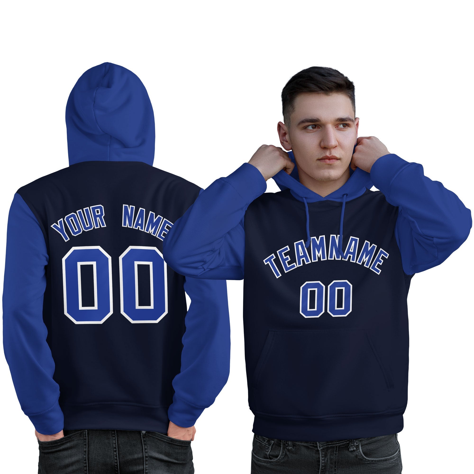Custom Navy Royal-White Raglan Sleeves Pullover Personalized Sweatshirt Hoodie| KXKSHOP