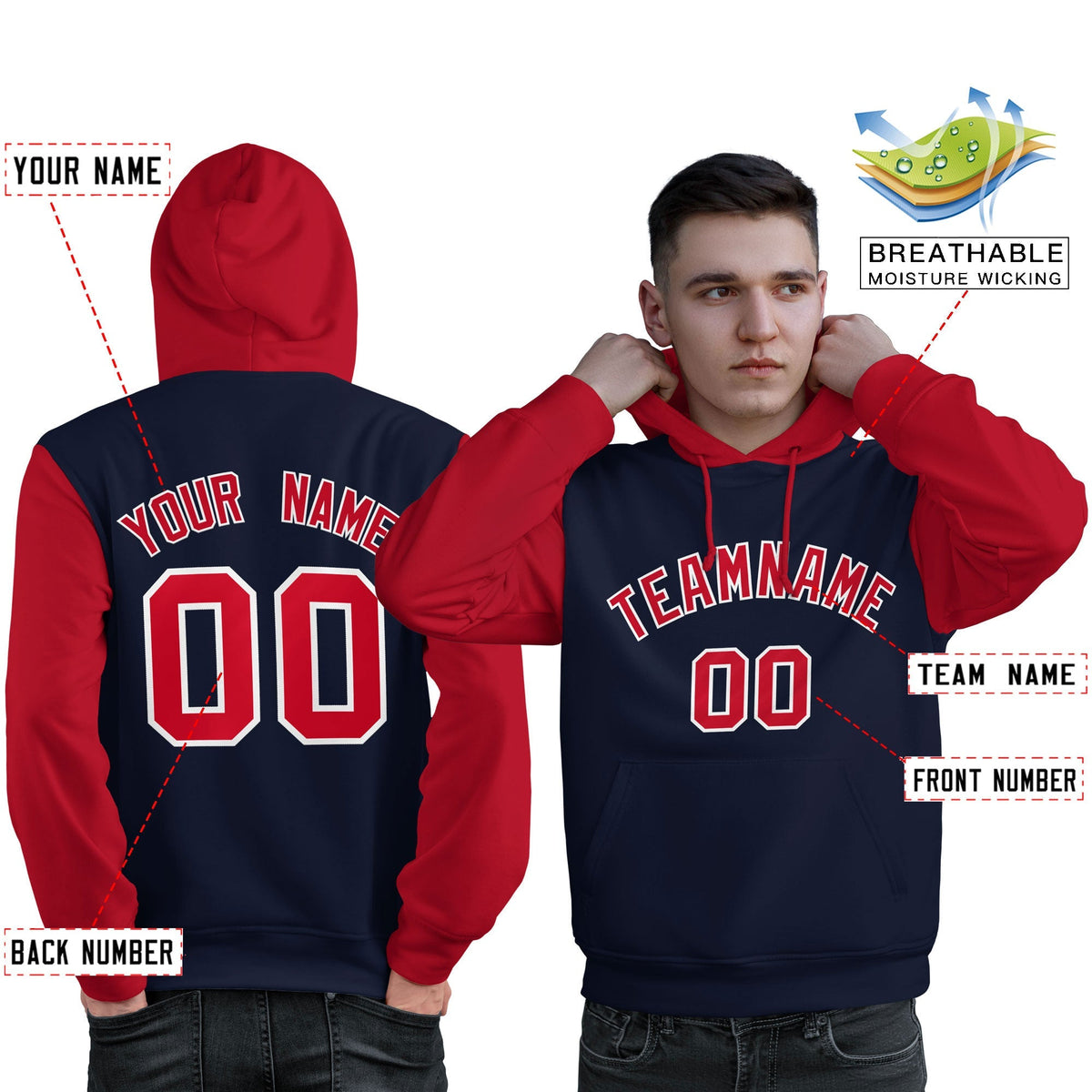 Custom Navy Red-White Raglan Sleeves Pullover Personalized Sweatshirt Hoodie| KXKSHOP