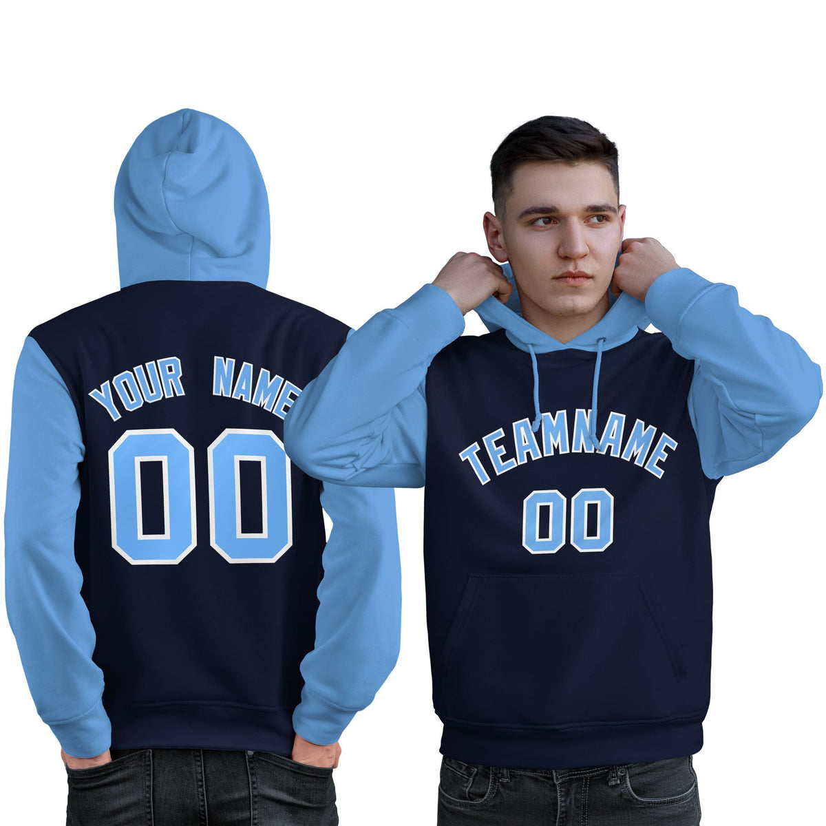 Custom Navy Lt Blue-White Raglan Sleeves Pullover Personalized Sweatshirt Hoodie| KXKSHOP