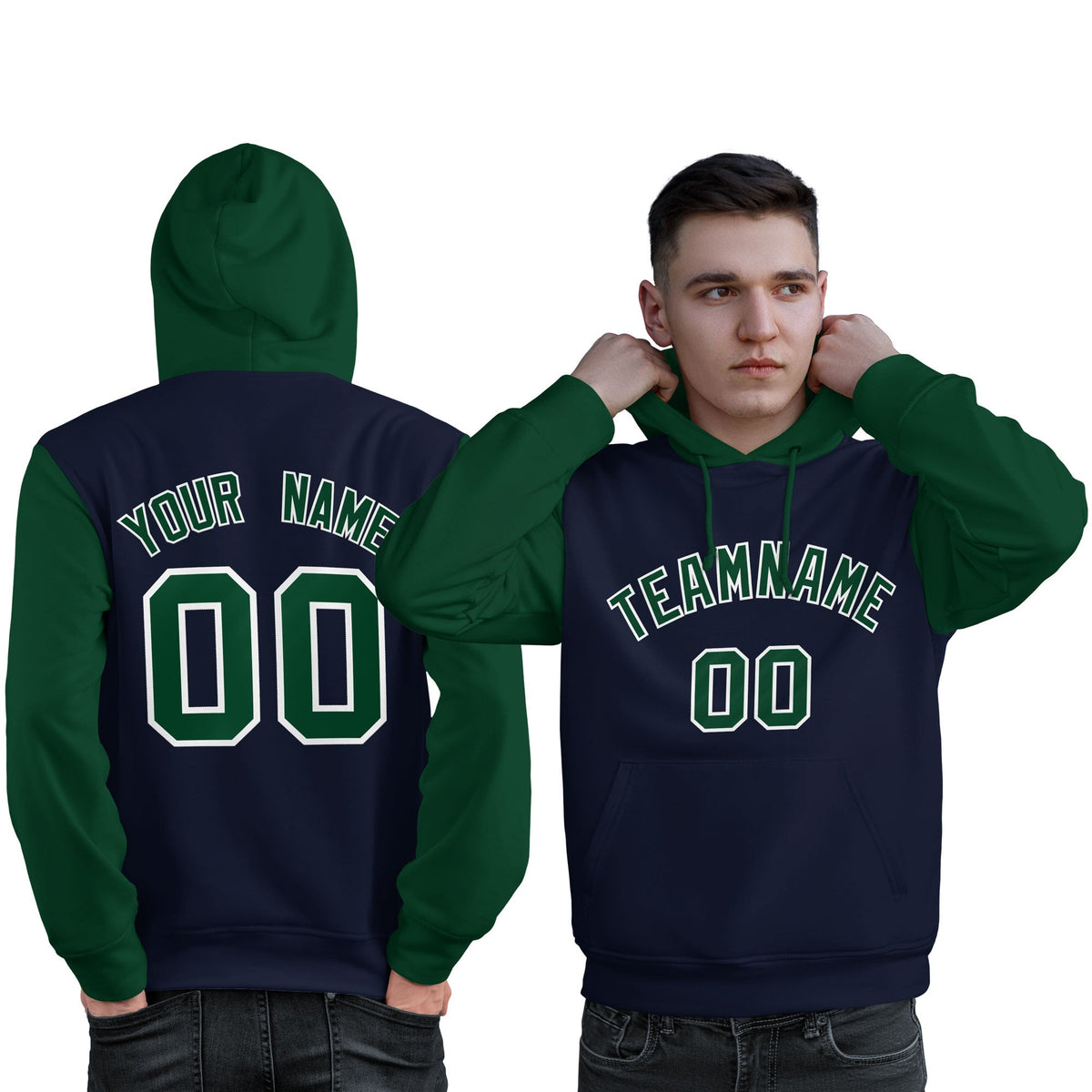Custom Navy Green-White Raglan Sleeves Pullover Personalized Sweatshirt Hoodie| KXKSHOP