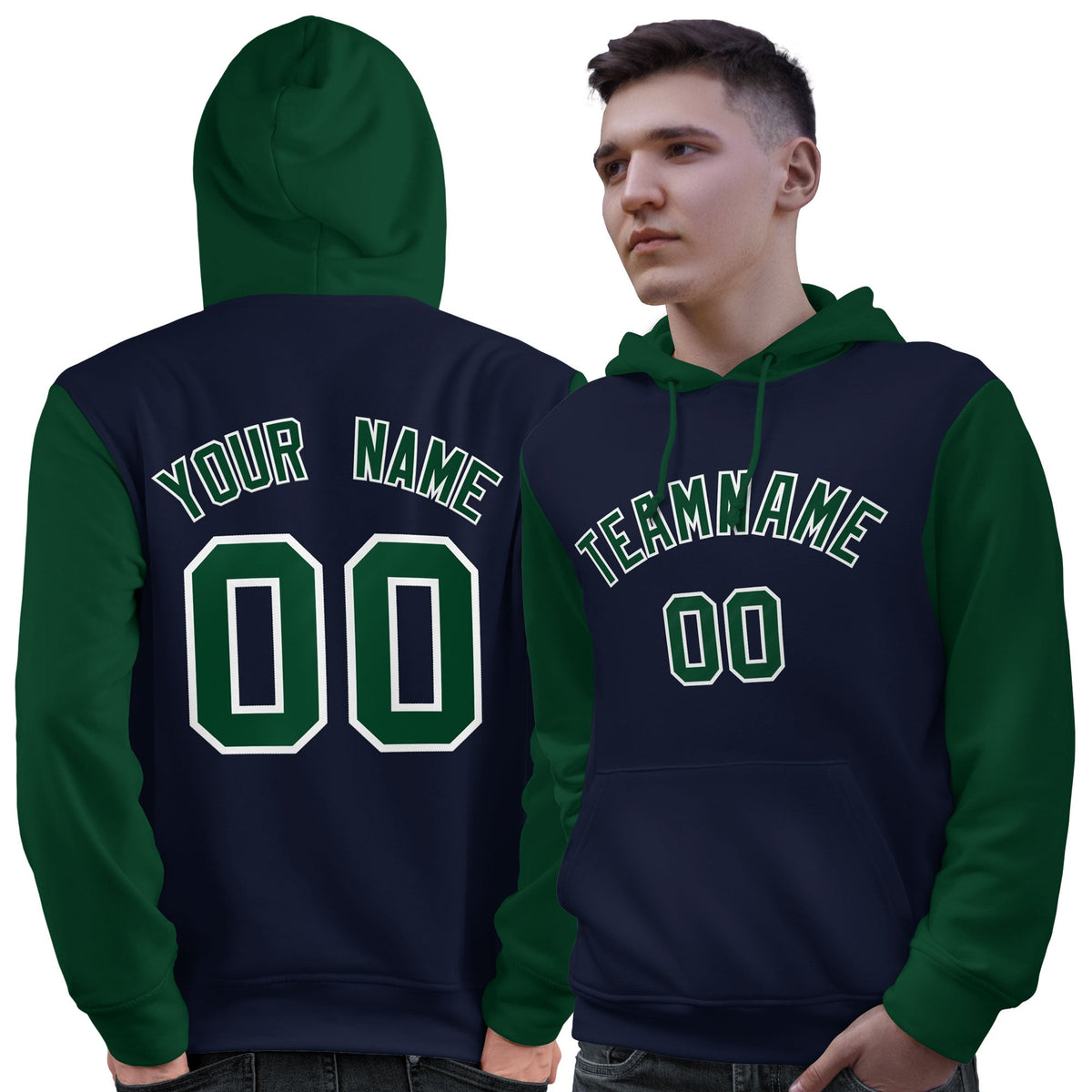 Custom Navy Green-White Raglan Sleeves Pullover Personalized Sweatshirt Hoodie| KXKSHOP