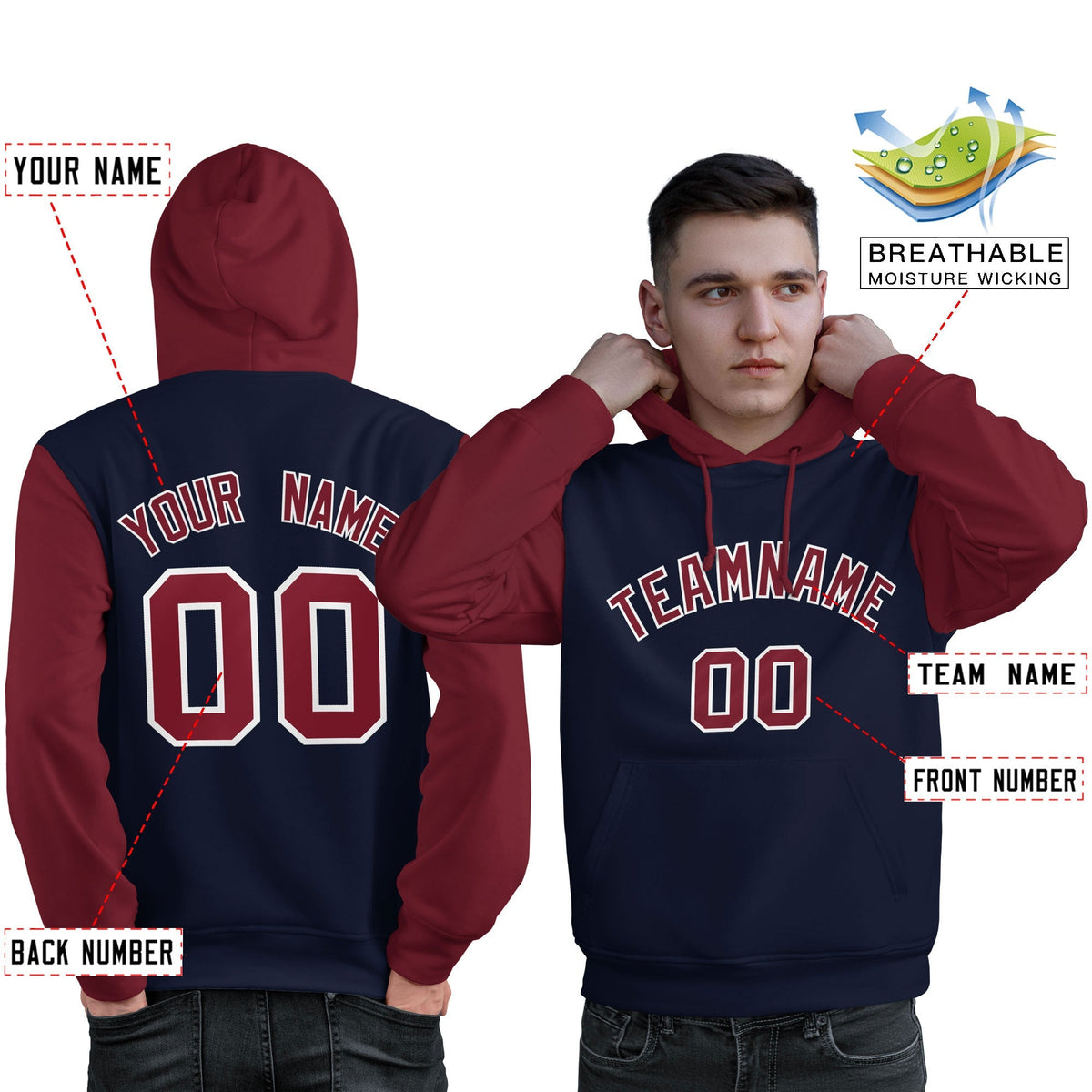 Custom Navy Crimson-White Raglan Sleeves Pullover Personalized Sweatshirt Hoodie| KXKSHOP