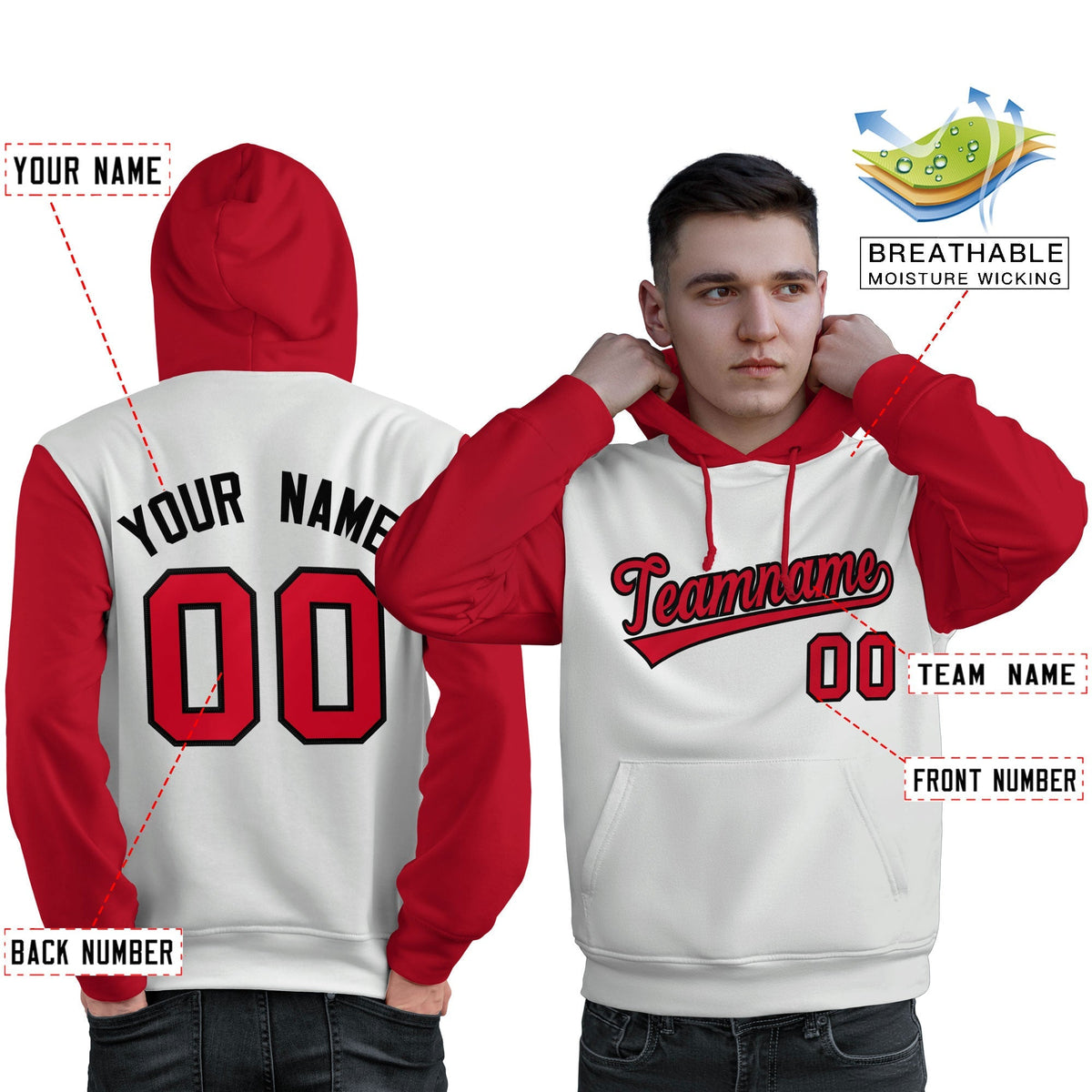 Custom White Red-Black Raglan Sleeves Pullover Personalized Sweatshirt Hoodie| KXKSHOP