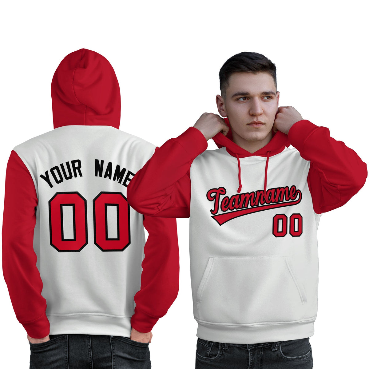 Custom White Red-Black Raglan Sleeves Pullover Personalized Sweatshirt Hoodie| KXKSHOP