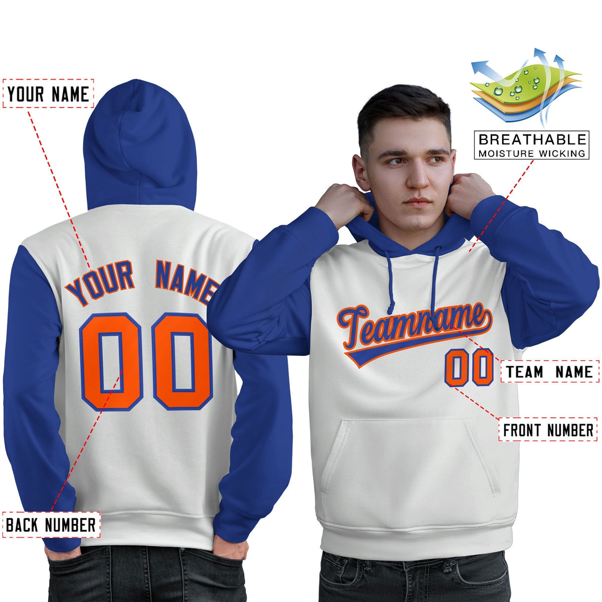 Custom White Royal-Orange Raglan Sleeves Pullover Personalized Sweatshirt Hoodie| KXKSHOP
