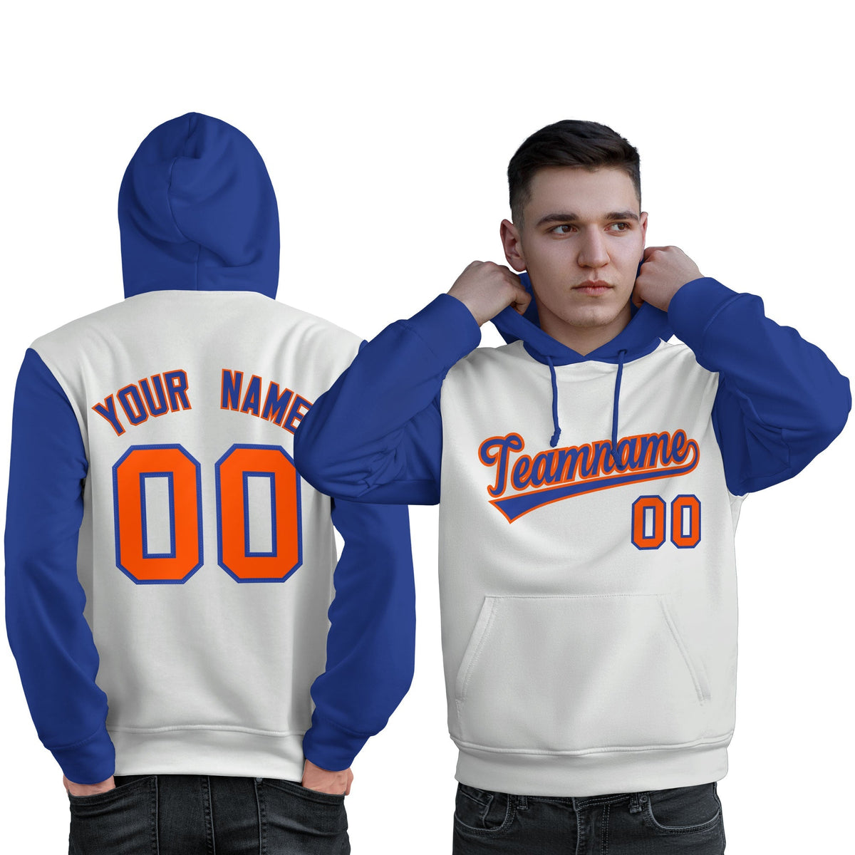 Custom White Royal-Orange Raglan Sleeves Pullover Personalized Sweatshirt Hoodie| KXKSHOP