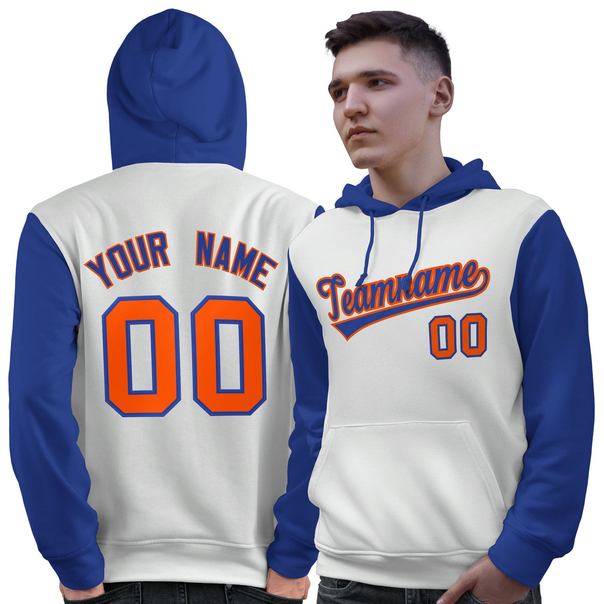 Custom White Royal-Orange Raglan Sleeves Pullover Personalized Sweatshirt Hoodie| KXKSHOP