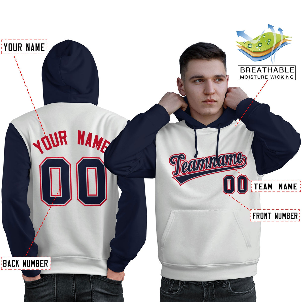 Custom White Navy-Red Raglan Sleeves Pullover Personalized Sweatshirt Hoodie| KXKSHOP