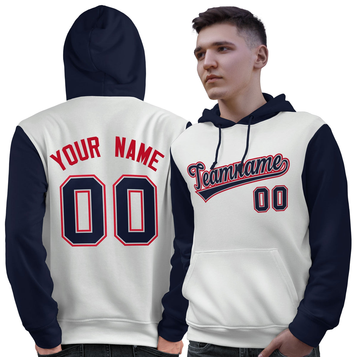 Custom White Navy-Red Raglan Sleeves Pullover Personalized Sweatshirt Hoodie| KXKSHOP