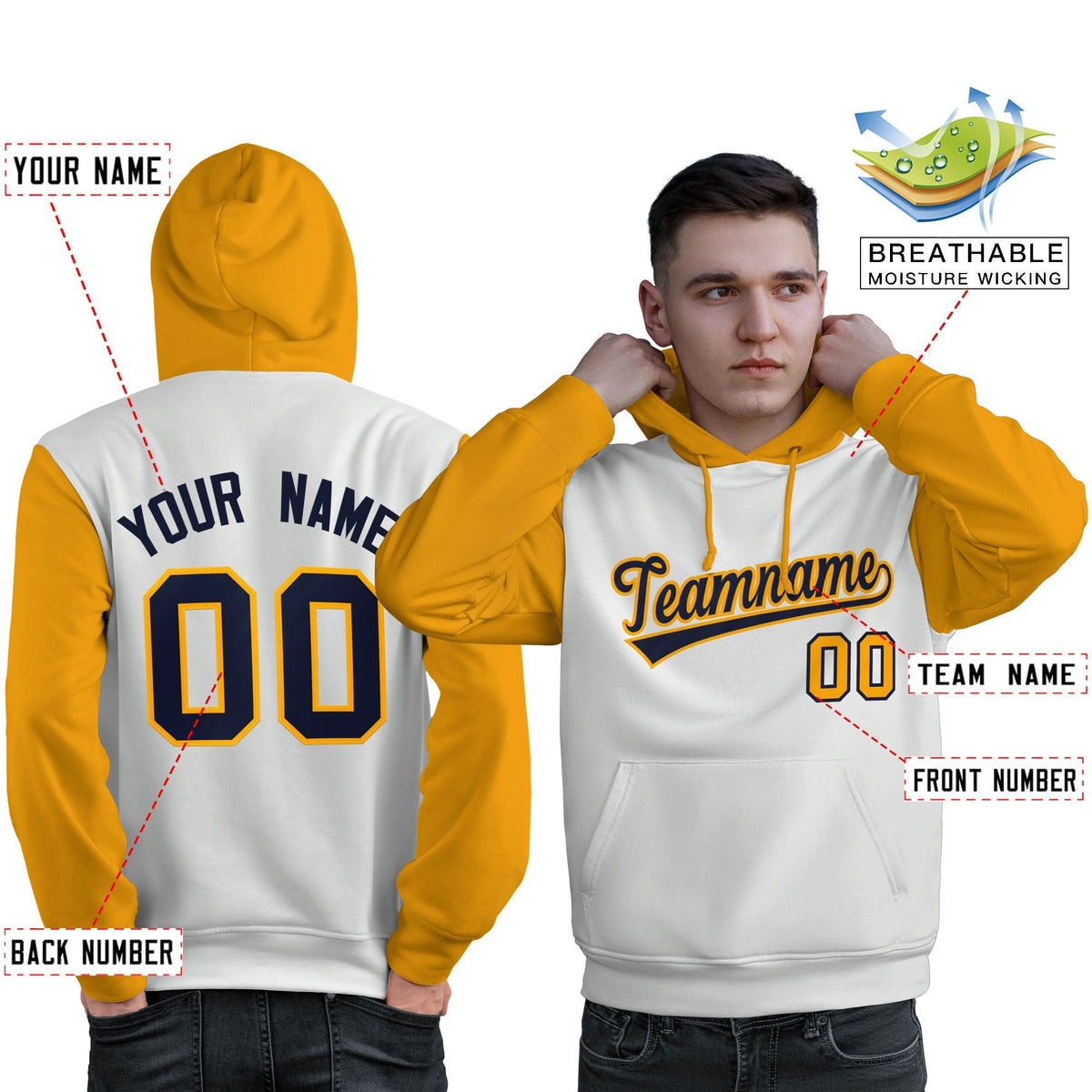 Custom White Navy-Gold Raglan Sleeves Pullover Personalized Sweatshirt Hoodie| KXKSHOP