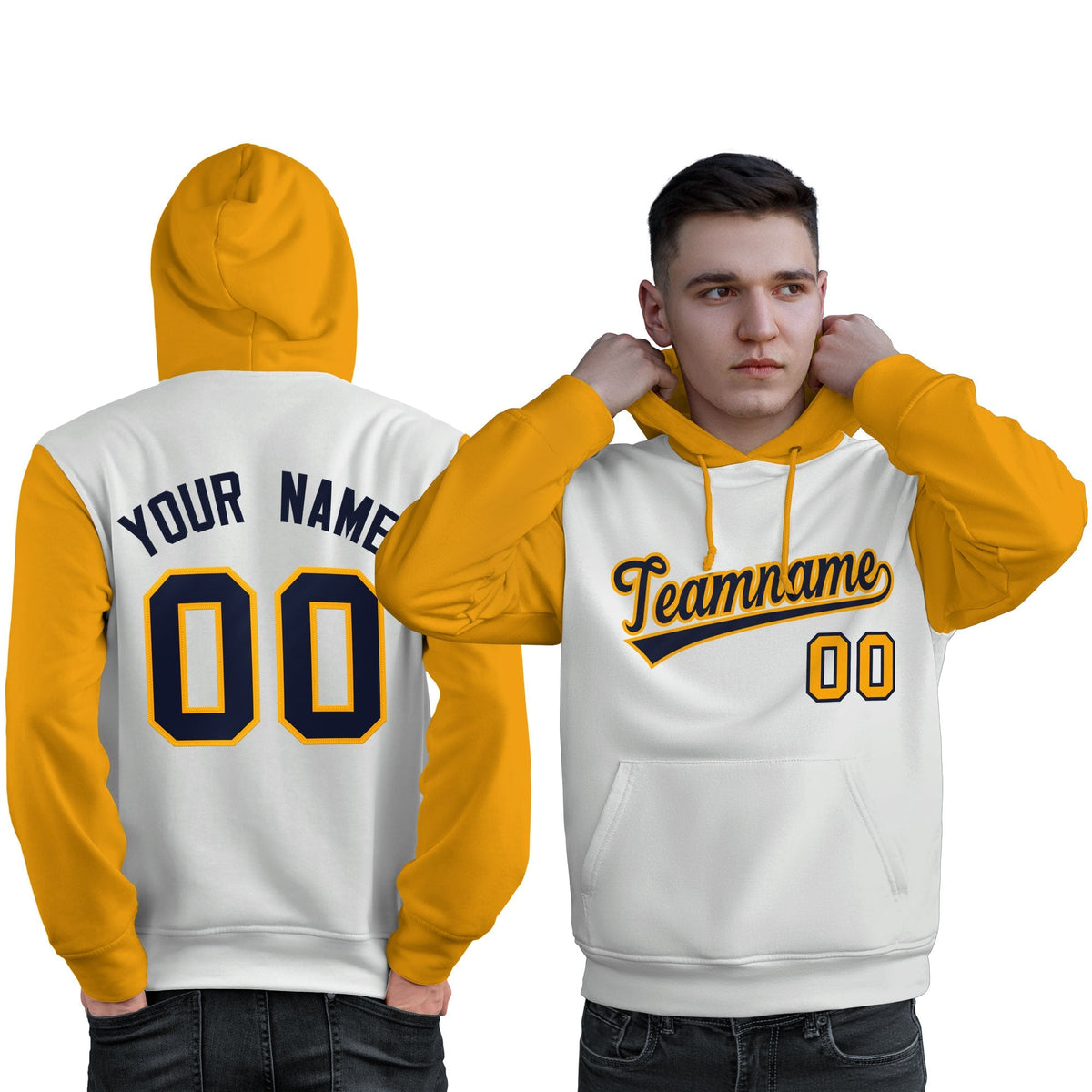 Custom White Navy-Gold Raglan Sleeves Pullover Personalized Sweatshirt Hoodie| KXKSHOP