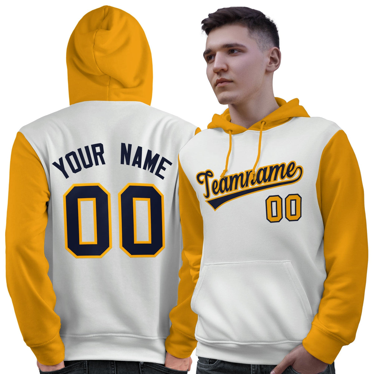 Custom White Navy-Gold Raglan Sleeves Pullover Personalized Sweatshirt Hoodie| KXKSHOP