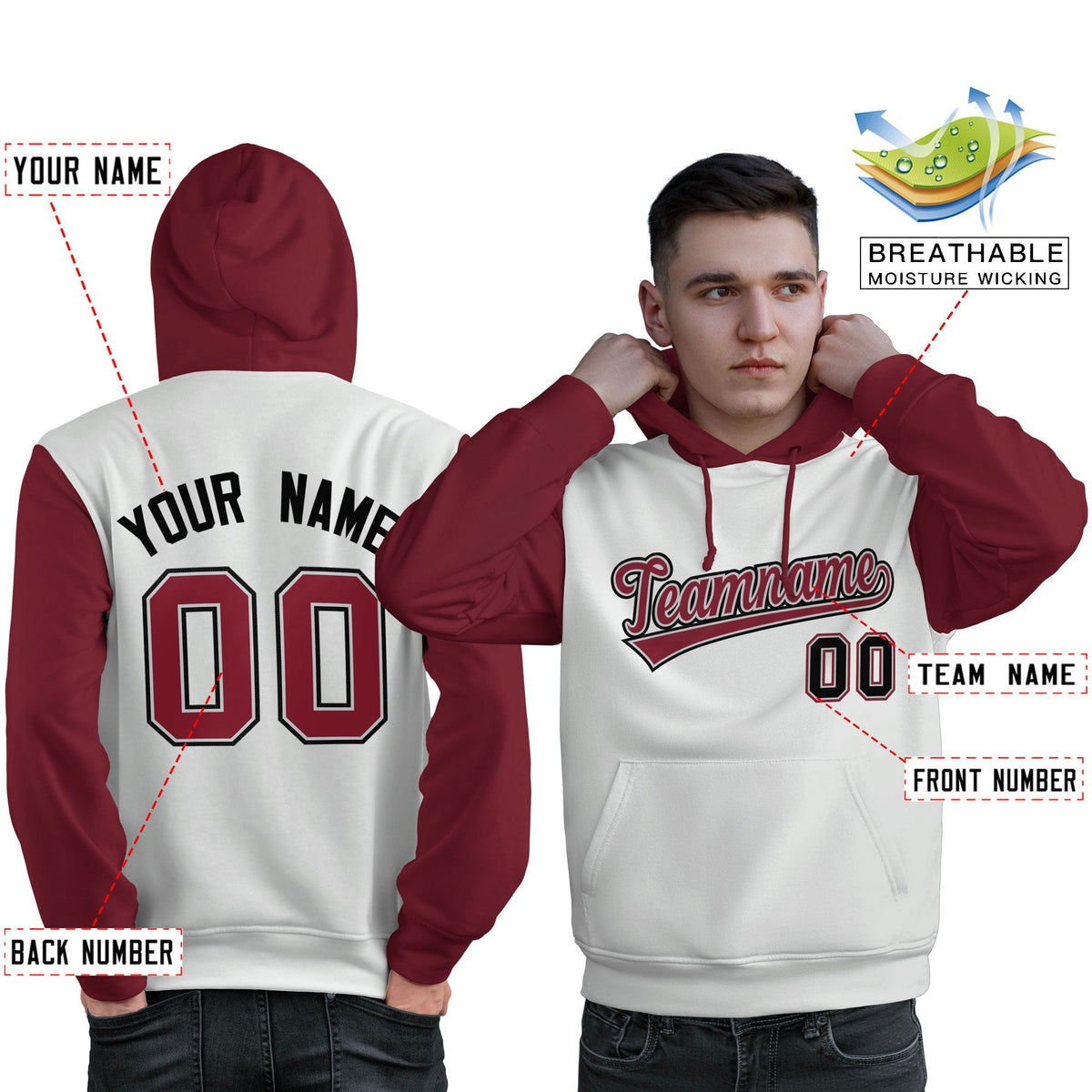 Custom White Crimson-Black Raglan Sleeves Pullover Personalized Sweatshirt Hoodie| KXKSHOP